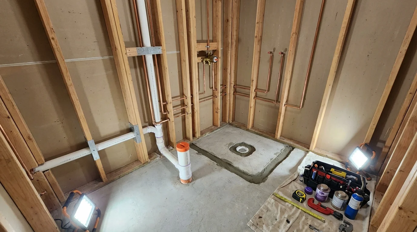 Bathroom rough-in plumbing during remodel by Johns Plumbing LLC in Pike Road