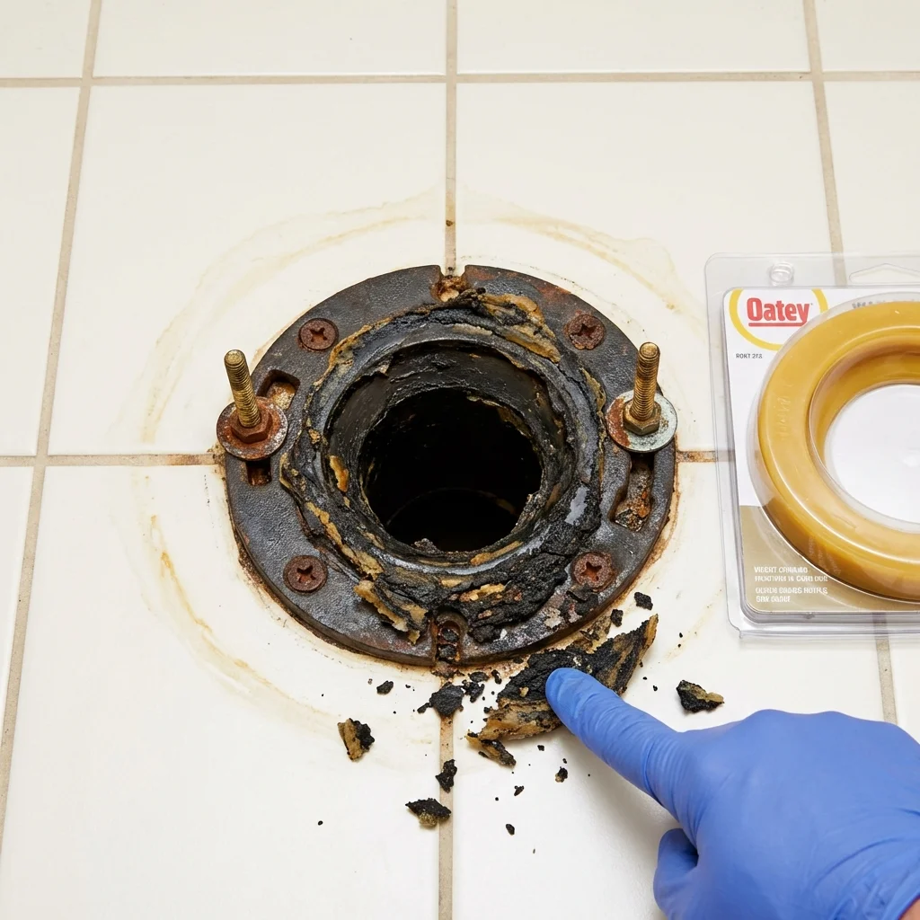 Failed wax ring showing water seepage at the base of a toilet in a Pike Road, AL home