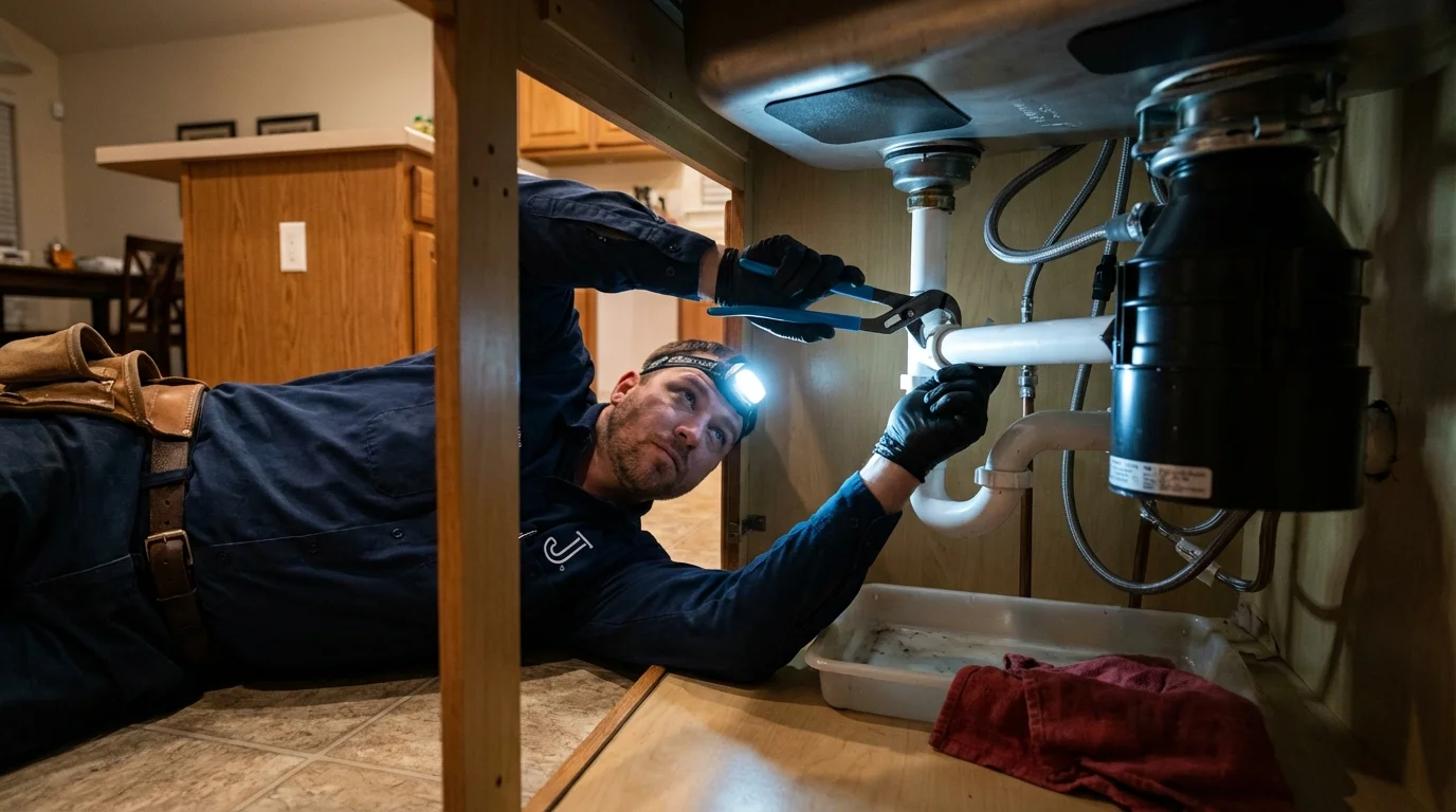 P-trap and supply line connections under a kitchen sink showing a common leak point in Pike Road, AL